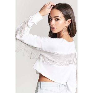 Women's White Curb Chain Fringe Crop Top